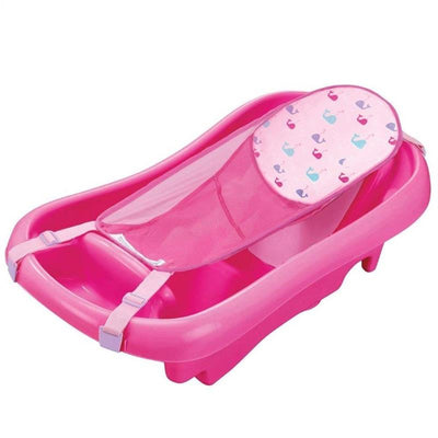 Pink baby bathtub featuring a mesh sling for newborn support, designed for infants transitioning to toddlers.