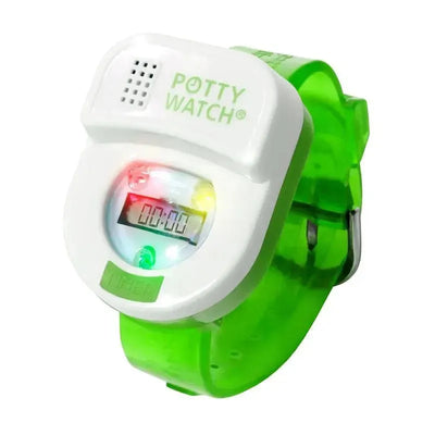 Green Potty Watch with a digital timer display and colored lights, designed to assist in potty training.