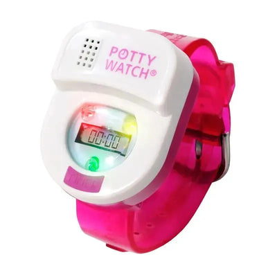Potty Watch in pink with digital display and colored lights, designed to help with potty training for children.