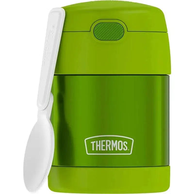 Thermos FUNtainer 10 oz food jar in lime green with a white plastic spoon attached.