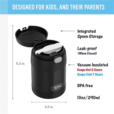 Thermos FUNtainer 10 oz food jar in black with a lid, integrated spoon storage, and vacuum insulation details.