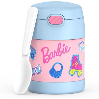 Thermos FUNtainer 10 oz food jar with a pink and blue design featuring Barbie and colorful graphics, includes a white spoon.