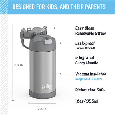 Thermos FUNtainer 12 oz stainless steel water bottle in gray with easy clean straw, leak-proof design, and carry handle.