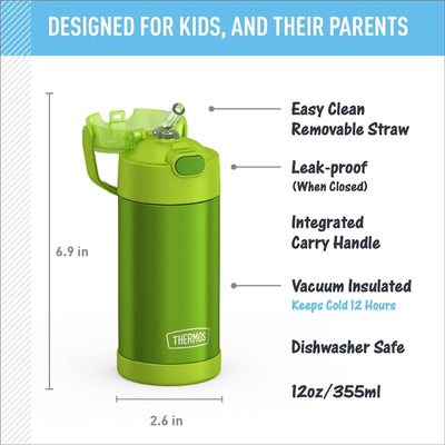 Thermos FUNtainer stainless steel water bottle, 12 oz, lime green with a removable straw and integrated carry handle.