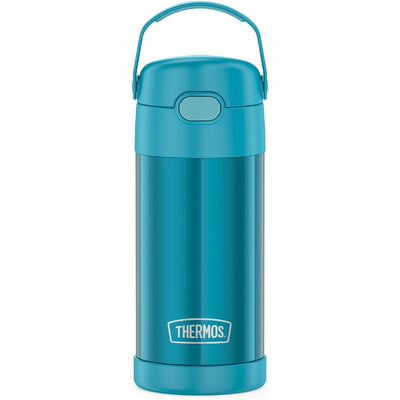 Stainless steel Thermos FUNtainer water bottle in teal, 12 oz, with a handle and a push-button lid.