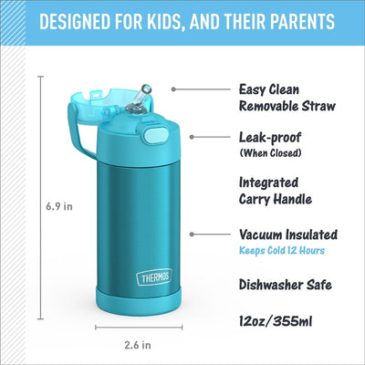 Thermos FUNtainer 12 oz stainless steel water bottle in teal, featuring a removable straw, carry handle, and vacuum insulation.