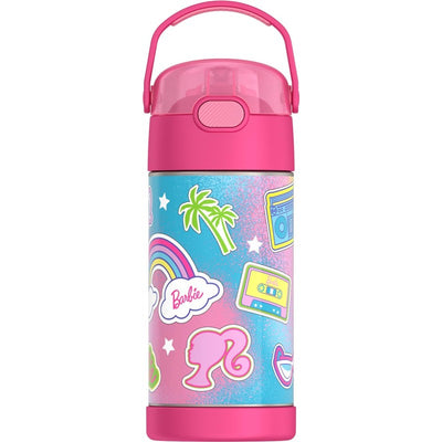 Thermos FUNtainer 12 oz water bottle featuring vibrant Barbie-themed graphics, palm trees, rainbows, and a pink lid.