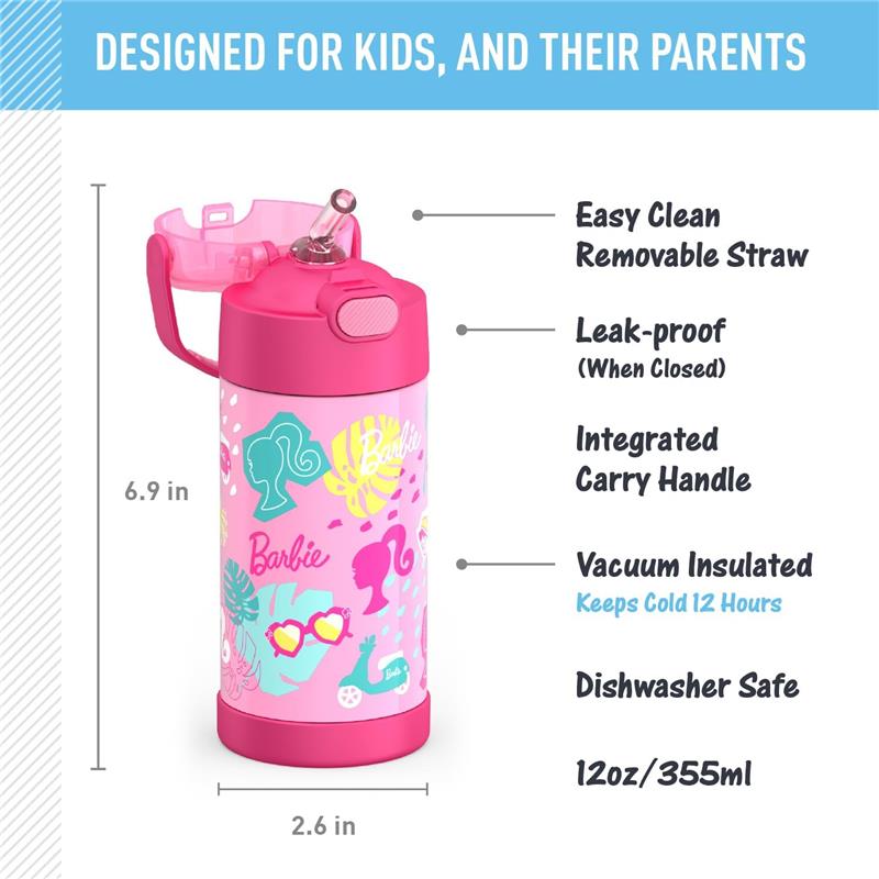 THERMOS - 12Oz Stainless Steel Insulated Straw Bottle, Barbie Image 3