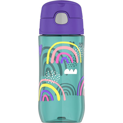 Thermos 16 oz plastic water bottle featuring colorful rainbow designs and a purple lid.