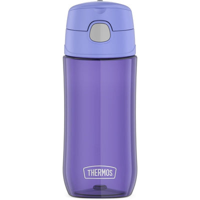 Thermos plastic water bottle in lavender, 16 oz capacity, features a secure lid and a sleek, contoured design.