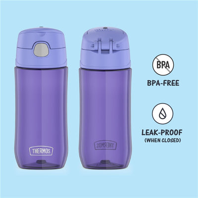 Thermos Plastic Water Bottle 16 oz in lavender, features a leak-proof design and is BPA-free, visible from both sides.