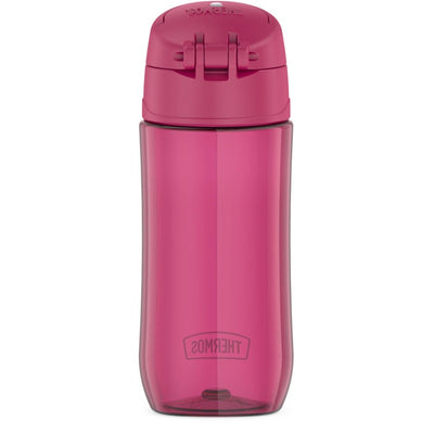 Thermos 16 oz plastic water bottle in raspberry color featuring a secure flip-top lid and branded logo.