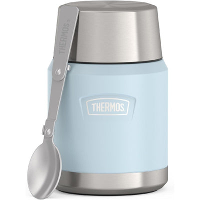 Thermos Stainless Steel Food Jar in glacier blue, 16 oz, includes a silver spoon attached.