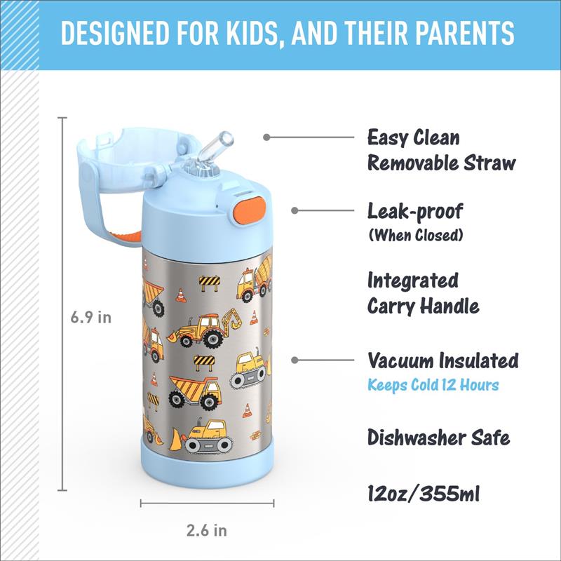 THERMOS FUNTAINER 12Oz Kids Stainless Steel Vacuum Insulated Water Bottle with Lid, Construction Image 3