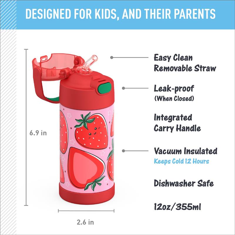 THERMOS FUNTAINER 12Oz Kids Stainless Steel Vacuum Insulated Water Bottle with Lid, Strawberry Smiles Image 3