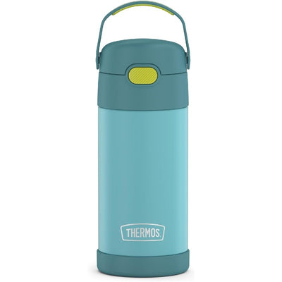 Stainless steel Thermos FUNtainer water bottle in blue and green, 12 oz capacity, with detachable handle.