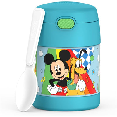 Stainless steel food jar featuring Mickey Mouse and Pluto on a colorful background, includes a white spoon.