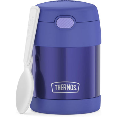 Thermos FUNtainer stainless steel food jar in purple, 10 oz, with a white spoon attached to the side.
