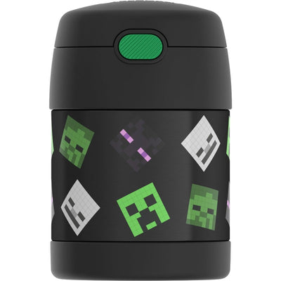 Thermos FUNtainer 10 oz food jar featuring Minecraft-themed designs with green and purple characters.