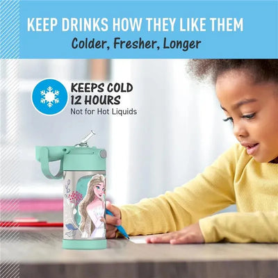 Insulated 12oz straw bottle in Frozen Purple, featuring a character design, keeps drinks cold for 12 hours, shown alongside a child writing.