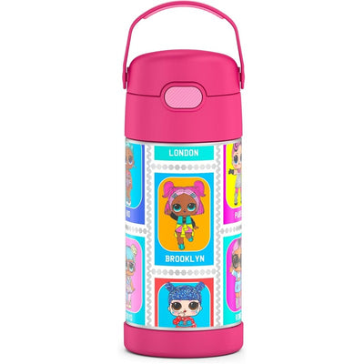 Thermos FUNtainer 12 oz water bottle featuring colorful L.O.L. Surprise! characters and a pink lid and handle.