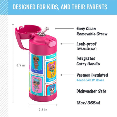 Thermos FUNtainer 12 oz stainless steel water bottle featuring vibrant L.O.L. Surprise! characters with a leak-proof, vacuum-insulated design.