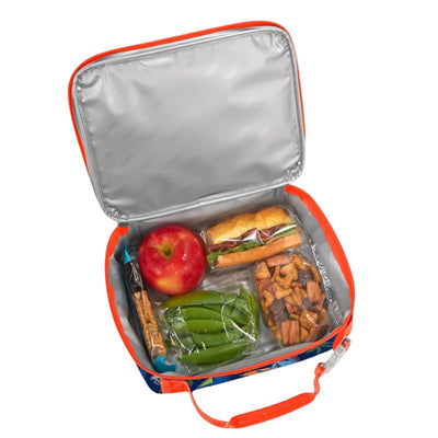 Lunch box featuring a red apple, sandwich, green sugar snap peas, pretzel sticks, and snack mix, all inside a colorful dino-themed bag.