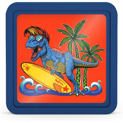 Reusable hard ice pack featuring a blue dinosaur with sunglasses riding a surfboard, set against a bright orange background with palm trees.
