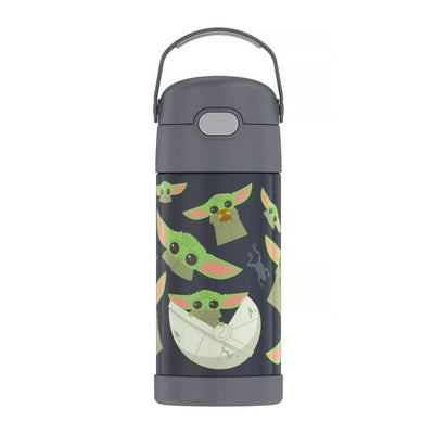 Stainless steel insulated 12 oz straw bottle featuring colorful Mandalorian character designs.