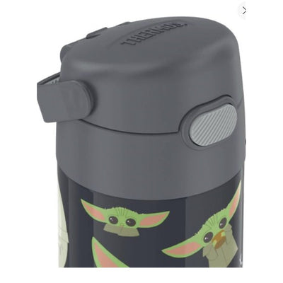 Stainless steel Thermos 12 oz straw bottle featuring Mandalorian-themed design with green character illustrations.