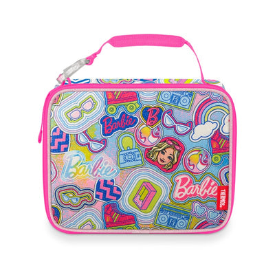 Colorful Thermos lunch box featuring Barbie designs, pink accents, and various iconic symbols associated with Barbie.