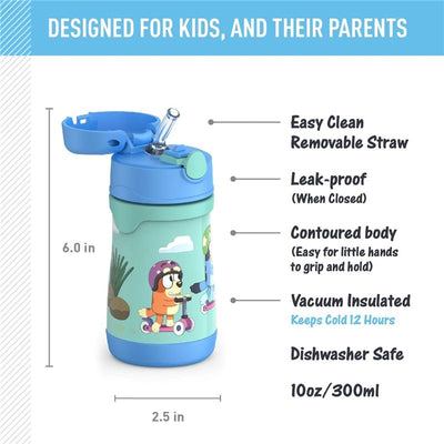 Thermos FUNtainer 10 oz stainless steel water bottle in blue, featuring child-friendly design and animated characters.