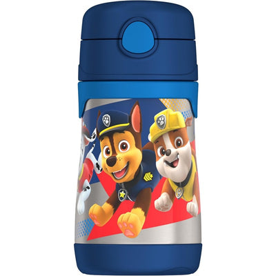 Thermos FUNtainer 10 oz stainless steel water bottle featuring Paw Patrol characters Chase, Rubble, and Marshall.