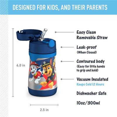 Stainless steel water bottle featuring Paw Patrol characters, with a removable straw, contoured body, and leak-proof design.