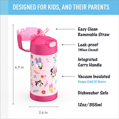 Stainless steel 12 oz Minnie Mouse water bottle with pink design, removable straw, and carry handle, keeps drinks cold for 12 hours.