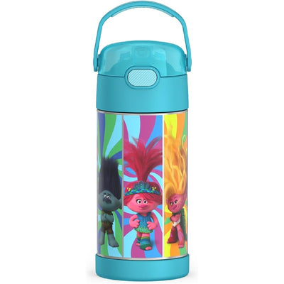 Thermos FUNtainer 12 oz water bottle featuring colorful Trolls characters against a vibrant background.
