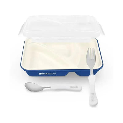 Blue Go2 plastic container by Thinkbaby & Thinksport with a clear lid, accompanied by a fork and spoon.