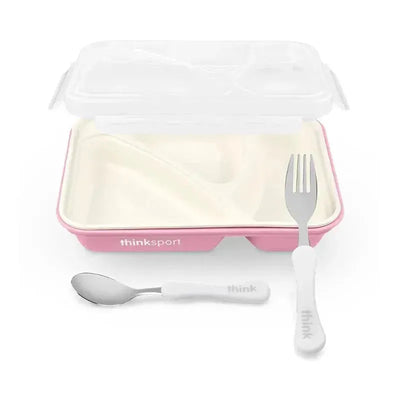 Pink Thinkbaby & Thinksport Go2 Plastic Container with a white interior, accompanied by a spoon and fork.