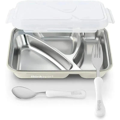 White Thinkbaby & Thinksport Go2 plastic container with a stainless steel interior, featuring a fork and spoon beside it.