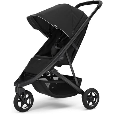 Compact black Thule Spring 2 all-terrain stroller with a large canopy and storage basket, designed for single child use.