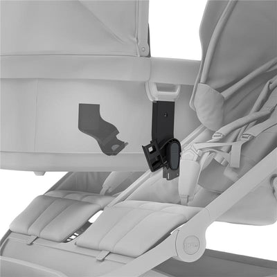 Thule Urban Glide 3 Double Bassinet Adapter in black, detailing the attachment mechanism to a stroller along with padded seats.