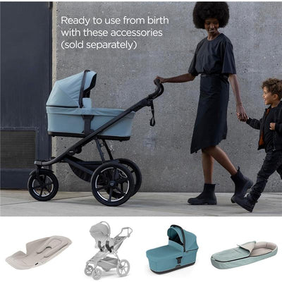 All-terrain Thule Urban Glide 3 single child stroller in blue, with a woman and child walking, accessories below.