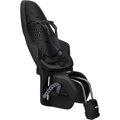 Thule Yepp 2 Maxi Frame Mount in Midnight Black, designed for safe child transport on bicycles, featuring adjustable harness and sturdy frame.
