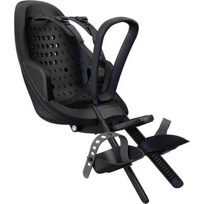 Front-mounted child bike seat designed for safety and comfort, featuring a padded seat, harness straps, and adjustable footrests.