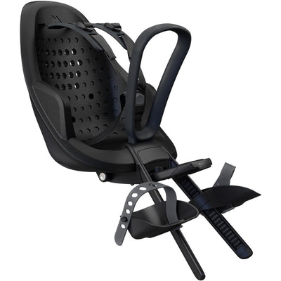 Thule Yepp 2 Mounted Child Bike Seat in Mini Black with adjustable footrests and easy mounting design.