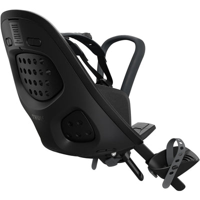Thule Yepp 2 mounted child bike seat in mini black, featuring adjustable footrests and easy mounting design.
