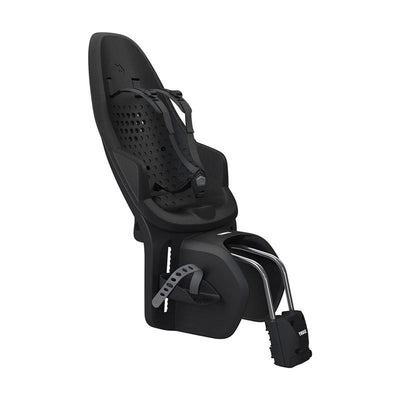 Thule Yepp 2 rear frame mount child bike seat in black, featuring a padded seat, safety harness, and adjustable footrests.
