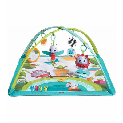 Tiny Love Meadow Day Sunny Day Gymini featuring colorful toys and a textured play mat with animal designs for infant sensory play.