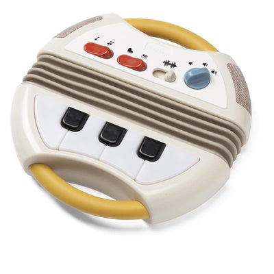 Tiny Love Tiny Rockers Accordion Toy features a yellow handle, three piano keys, and vibrant buttons for music activation.
