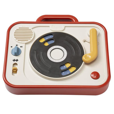 Colorful DJ station toy by Tiny Love featuring a turntable, sound buttons, and a carrying handle.